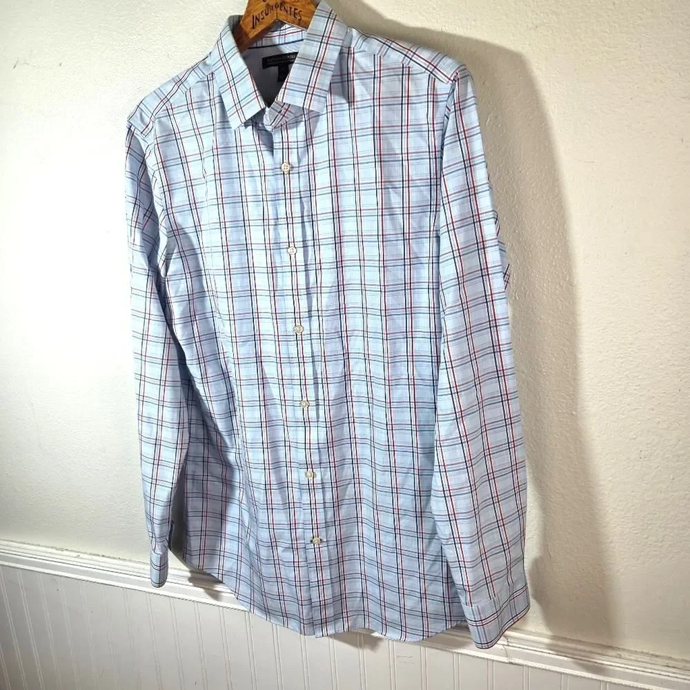 Banana Republic Men's Non Irom Tailored Slim Fit Blue Plaid Long Sleeve Shirt LG